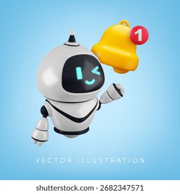 Vetor cartoon 3d AI gerenciamento de tempo chat bot assistente banner. Ícone realístico da campainha de notificação e robô de renderização 3d. Serviço de apoio à inteligência artificial, assistente de IA, conceito de regulação de horários