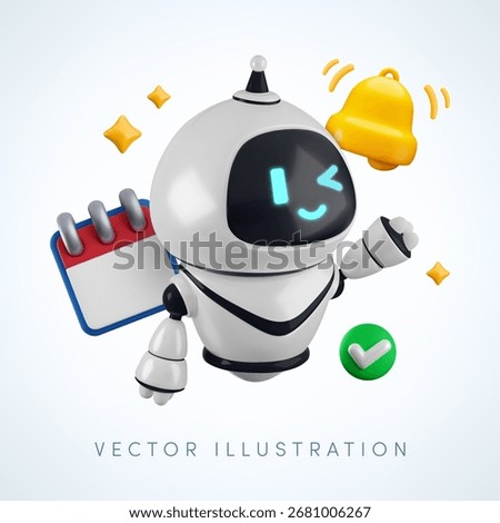 Vector cartoon 3d AI time management chat bot assistant banner. Realistic 3d render robot with calendar, bell, checkmark icons. Artificial intelligence support service, schedule regulation concept.