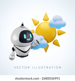Vector de dibujos animados 3d AI Clima pronóstico chat bot asistente Anuncio. Robot realista de render 3D con nubes y sol. Inteligencia artificial que proporciona servicio de Clima, concepto de sistema de regulación agrícola