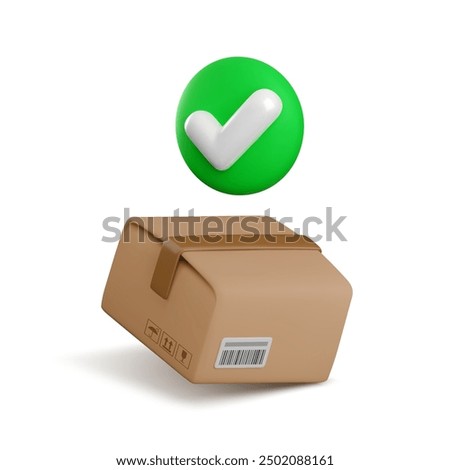 Vector cartoon 3d approved parcel delivery concept. Cute realistic cardboard box package with green checkmark symbol, 3d successful order received icon, shipping quality control, safe logistics.