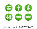 Vector cartoon 3d arrow button set. Cute realistic 3d up, down, left, right and oncoming direction white arrows sign on green circle. Navigation direction icon for infographic, web, app, game.