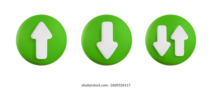 Vector cartoon 3d arrow button set. Cute realistic up, down and oncoming direction white arrows sign on green circle. 3d render plastic navigation direction icon for infographic, web, game design, app