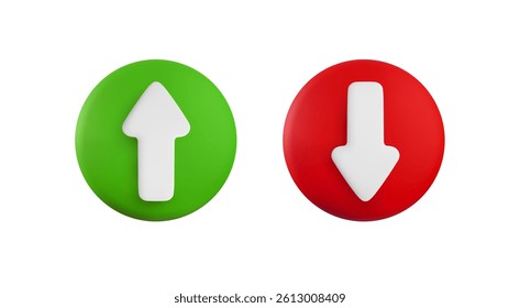 Vector cartoon 3d arrow button set. Cute realistic up and down direction white arrows sign on green and red circle. 3d render plastic navigation direction icon for infographic, web, app, game design.