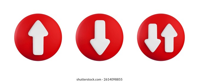 Vector cartoon 3d arrow button set. Cute realistic up, down and oncoming direction white arrows sign on red circle. 3d render plastic navigation direction icon for infographic, web, game design, app