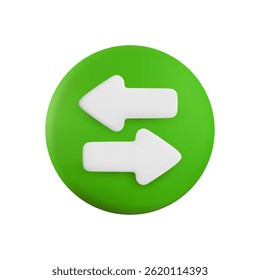 Vector cartoon 3d arrow button. Cute realistic left and right oncoming direction white arrows on green circle. 3d render plastic navigation direction icon for infographic, web, app, game, design.