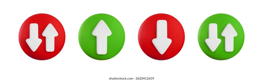Vector cartoon 3d arrow button set. Cute realistic up, down and oncoming direction white arrows sign on green and red circle. 3d render plastic navigation direction icon for infographic, app, game.