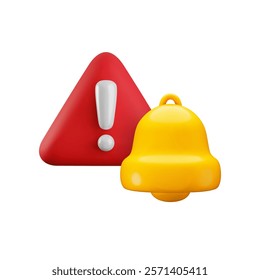 Vector cartoon 3d attention bell notification sign. Cute realistic render of gold bell and red triangle warning sign with exclamation mark. Alert, danger signal. Warning urgent 3d icon for app, web.