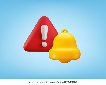 Vector cartoon 3d attention bell notification banner. Cute realistic render of gold bell and red triangle warning sign with exclamation mark on blue background. Urgent alert, danger signal 3d icon.