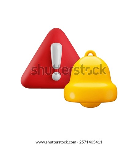 Vector cartoon 3d attention bell notification sign. Cute realistic render of gold bell and red triangle warning sign with exclamation mark. Alert, danger signal. Warning urgent 3d icon for app, web.