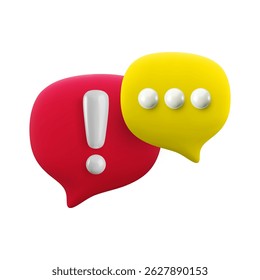 Ícone de diálogo de atenção 3d de desenho animado vetorial. Renderização realista bonita de bolhas de fala com ponto de exclamação e pontos de escrita. Conversa importante, sinal de aviso de mensagem, popup de aviso de problema, suporte online.