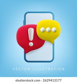 Banner do diálogo de atenção 3d de desenho animado vetorial. Renderização realista bonita de bolhas de fala com ponto de exclamação e escrevendo pontos na tela do smartphone. Conversa importante, sinal de aviso de mensagem, suporte on-line.