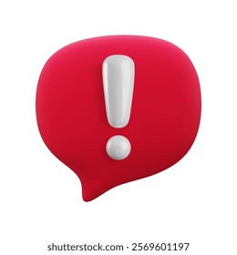 Vector cartoon 3d attention message icon. Cute realistic render of red speech bubble with white exclamation mark. Important message, danger warning sign, problem notice popup for mobile app, game, web