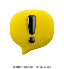 Vector cartoon 3d attention message icon. Cute realistic render of yellow speech bubble with black exclamation mark. Important message, danger warning sign, problem notice popup for mobile app, web