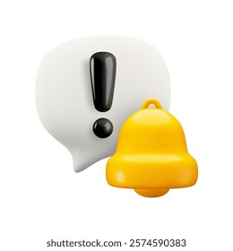 Vector cartoon 3d attention message notification icon. Cute realistic render of white speech bubble with black exclamation mark and bell. Important message, warning sign, problem notice popup.