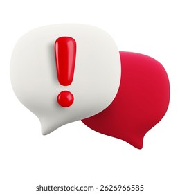Ícone de fala de atenção 3d de desenho animado vetorial. Renderização realista bonita de bolhas de fala com ponto de exclamação vermelho. Caixa de diálogo importante, sinal de aviso de mensagem de perigo, pop-up de aviso de problema, suporte on-line.