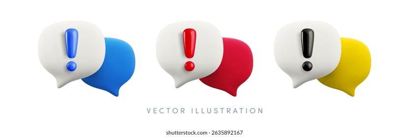 Vector cartoon 3d attention talk icon set. Cute realistic render of speech bubbles with red, blue and blue exclamation mark. Important dialogue, danger message warning sign, problem notice popup.