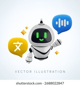 Vetor cartoon 3d Tradução automática de idioma chat bot. 3d renderizar personagem robô, língua estrangeira e bolha de fala de mensagem de voz. Tradução de inteligência artificial, tecnologia de localização.