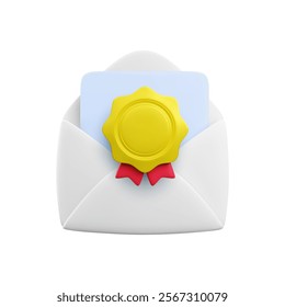 Vector cartoon 3d award letter. Realistic 3d render white opened envelope with gold medal. Achievement, winner letter symbol, gift certificate or recommendation email sign. Diploma concept