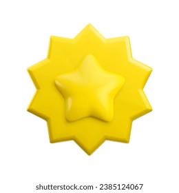 Tarjeta 3d de caricatura vectorial con icono de estrella realista. Premio a la forma de estreno de oro redondo a la moda, signo de insignia abstracta del ganador. Ilustración de la tarjeta de certificado de garantía de calidad de plástico 3d.
