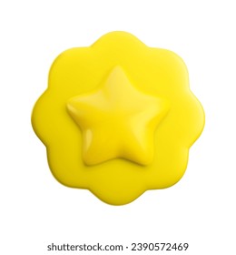 Vector cartoon 3d badge with star realistic icon. Trendy gold round wavy shape award, abstract winner badge sign on white background. 3d render plastic quality warranty certificate badge illustration.