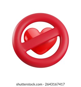 Vector Cartoon 3d ban love icon. Realistic 3d render of red prohibition sign and heart inside. Stop love, like forbidden, dislike 3d symbol for web, app, game, sticker.
