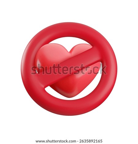Vector Cartoon 3d ban love icon. Realistic 3d render of red prohibition sign and heart inside. Stop love, like forbidden, dislike symbol for web, app, game, sticker.