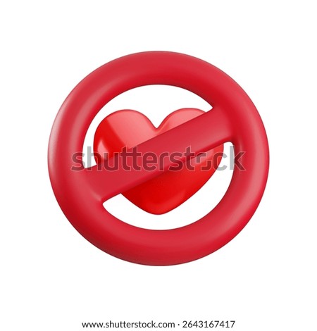 Vector Cartoon 3d ban love icon. Realistic 3d render of red prohibition sign and heart inside. Stop love, like forbidden, dislike 3d symbol for web, app, game, sticker.