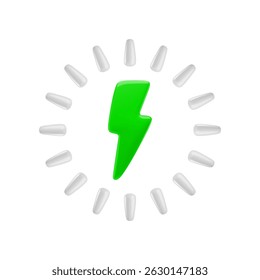 Ícone indicador de nível de carga da bateria 3d de desenho animado vetorial. Realista renderizar relâmpago verde e circundar o nível de energia zero. Status de carregamento diagrama redondo, capacidade de bateria vazia para jogo, app, infográfico.