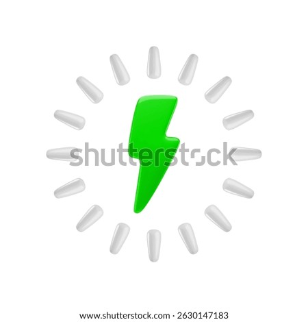 Vector cartoon 3d battery charge level indicator icon. Realistic render green lightning and circle zero energy level. Charging status round diagram, empty battery capacity for game, app, infographic.