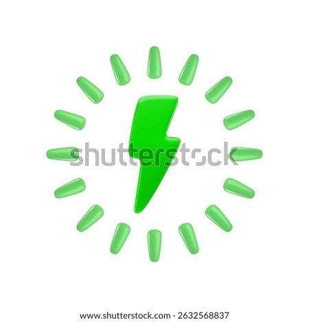 Vector cartoon 3d battery charge level indicator icon. Realistic render green lightning and circle energy level bar. Charging status round diagram, full battery capacity for game, app, infographic.