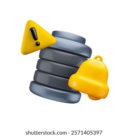 Vector cartoon 3d battery problem signal concept. Realistic render of empty battery with warning sign and bell, low energy accumulator, broken battery, damage notification for electric car app, game.