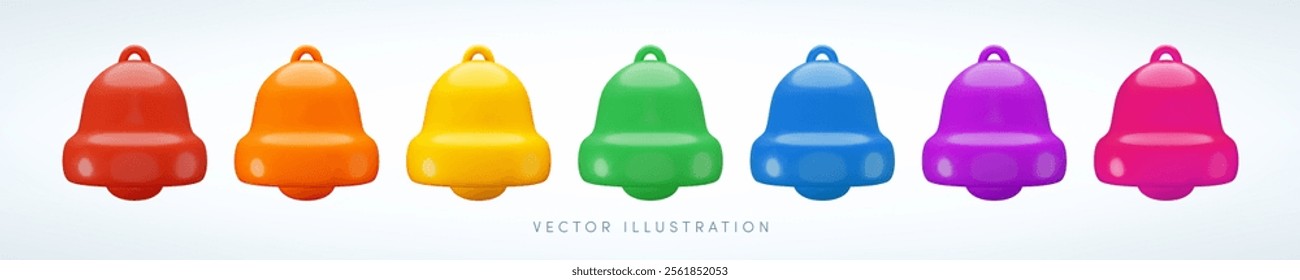 Vector cartoon 3d bell color set. Cute realistic render of red, yellow, bronze, green, blue and pink ringing bell notification sign, alert, new message symbol. Attention signal, reminder 3d icon.