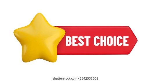 Vector cartoon 3d Best Choice promo label. Realistic 3d render red ribbon with gold star badge. Discount tag template isolated on white background for shopping banner, sale sticker, advert, app, web.