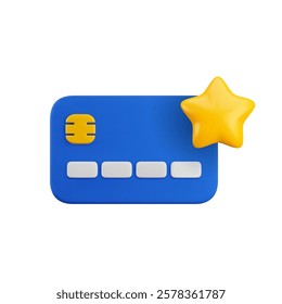 Vector cartoon 3d best credit card icon. Realistic 3d render of blue debit card with gold star symbol. Favorite credit card or bonus card concept for online payment, e-banking app, loyalty program.