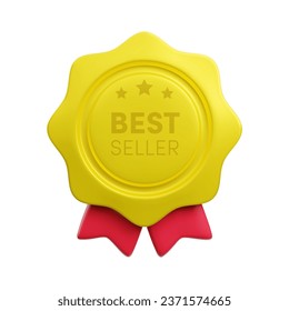 Vector cartoon 3d best seller medal realistic icon with red ribbon. Trendy gold round award, abstract badge warranty sign. 3d render plastic certificate badge illustration