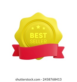 Vector cartoon 3d Best Seller wavy medal with red ribbon realistic icon. Trendy gold business award, premium quality product guarantee badge. 3d render illustration for sticker, logo, certificate.