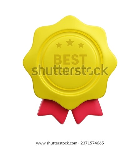 Vector cartoon 3d best seller medal realistic icon with red ribbon. Trendy gold round award, abstract badge warranty sign. 3d render plastic certificate badge illustration
