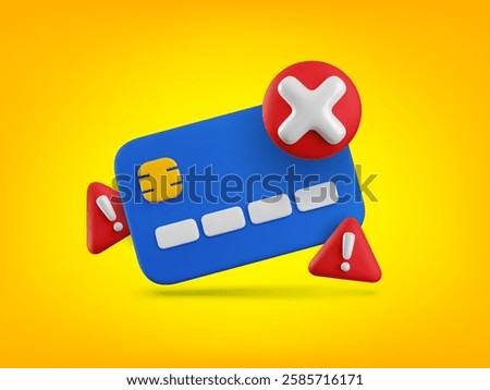 Vector cartoon 3d blocked credit card banner. Realistic 3d render of credit card with red cross mark and exclamation sign. Declined purchase, payment error, failed online payment, canceled transaction