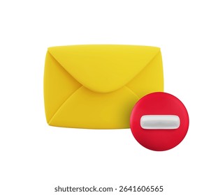Vector cartoon 3d blocked mail icon. Realistic 3d render of yellow envelope with red circle stop sign. No spam mail sign, forbidden mailing, do not send message notification, restriction sticker.