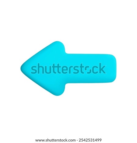 Vector cartoon 3d blue arrow icon. Cute realistic left direction arrow sign isolated on white background. 3d render pointer concept, plastic mouse cursor, return back sign for infographic, web, app.