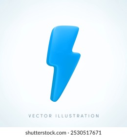 Vector cartoon 3d blue lightning flash icon. Minimal 3d Render of thunder and bolt, thunderstorm sign, energy power symbol, electric charge emblem. For flash sale design, game, weather app.