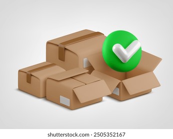 Vector cartoon 3d boxes pile with green checkmark illustration. Cute stack of opened and closed cardboard parcels. 3d approved parcel delivery, safe logistics, successful order received concept.