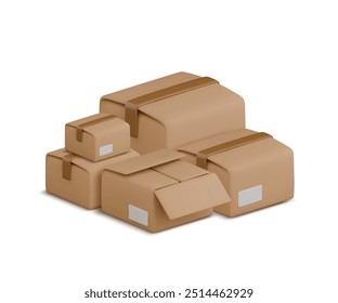 Vektor Cartoon 3D-Boxen Stapel Illustration. Netter Stapel von Kartonpackungen mit Schatten auf Weiß. Realistisches 3D-Lagerverpackungs-, Lager-, Umlagerungs-, Kartonpakettransportkonzept.