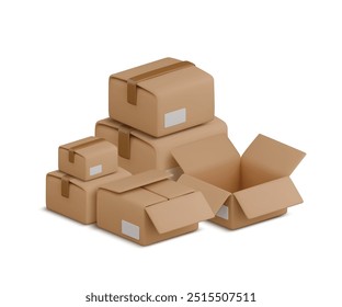 Ilustración de pila de cajas 3D de dibujos animados de Vector. Linda pila de paquetes de cartón abiertos y cerrados con sombra sobre blanco. Empaquetado realista del almacén 3d, reubicación, transporte del paquete, concepto del almacenamiento