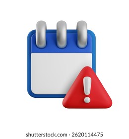 Ícone de alerta de calendário 3d de desenho animado vetorial. Renderização realista do calendário espiral azul com sinal de exclamação de aviso em triângulo vermelho. notificação de erro de agendamento, aplicativo de alerta de problema, conceito de lembrete de prazo