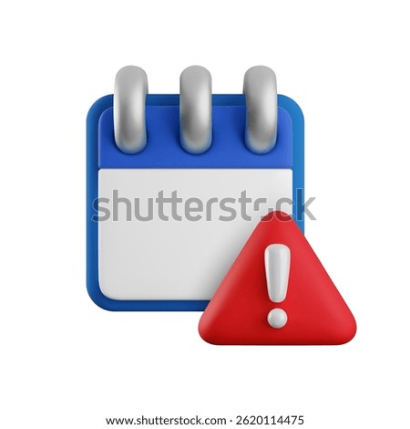 Vector cartoon 3d calendar alert icon. Realistic render of blue spiral calendar with warning exclamation sign in red triangle. schedule error notification, problem alert app, deadline reminder concept