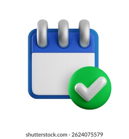3D-Kalender-Symbol für Vektorcartoon. Realistische Darstellung des Spiralkalenders mit grünem Häkchen. Zeitmanagementplaner, Arbeitsplanung, Aufgabenliste, Tagesaufgabe erledigt, Zeitplankonzept für App, Design, Web