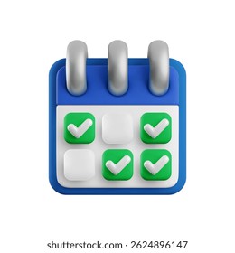 Vector cartoon 3d calendar planner icon. Realistic render of schedule with green done checkmarks tick. Time management planner, work and events planning, to do list, week task concept for app, web.