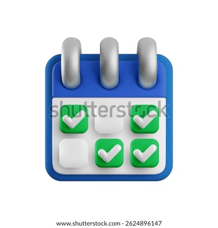 Vector cartoon 3d calendar planner icon. Realistic render of schedule with green done checkmarks tick. Time management planner, work and events planning, to do list, week task concept for app, web.