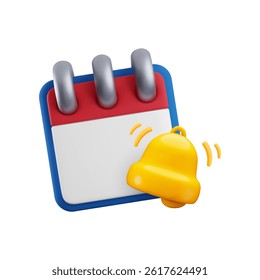 Vector cartoon 3d calendar reminder icon. Realistic render of ring calendar with ringing alert bell. Time planner, schedule concept, deadline reminder app. Time management, work planning minimal icon.